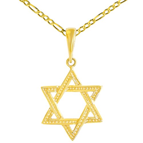 Jewelry America Solid 14K Yellow Gold Textured Jewish Star of David Charm Pendant Figaro Chain Necklace