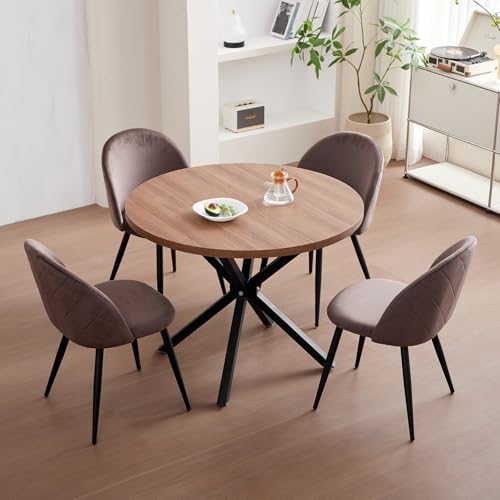 GrandCA HOME Conjunto de Mesa y Sillas de Comedor, Mesa Redonda de 100 cm y 4 Sillas de Terciopelo Nórdico, Ideal para Salón, Comedor y Cocina (Madera Oscura + Marrón)