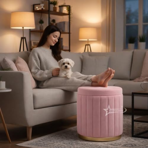 Image of Round Strip Stool with Cushion Foot Rest Office Stool Pouf Ottoman Padded Seat in Living Room - Pink