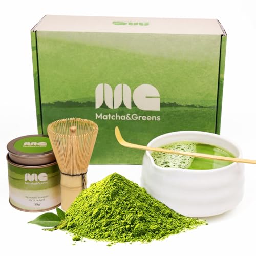 Matcha Greens Matcha Kit Premium Batidor De Bambú, Cuenco De Porcelana Y Té Matcha 100 Natural 30g, Grado Premium, Perfecto Para Ceremonias Tradicionales.