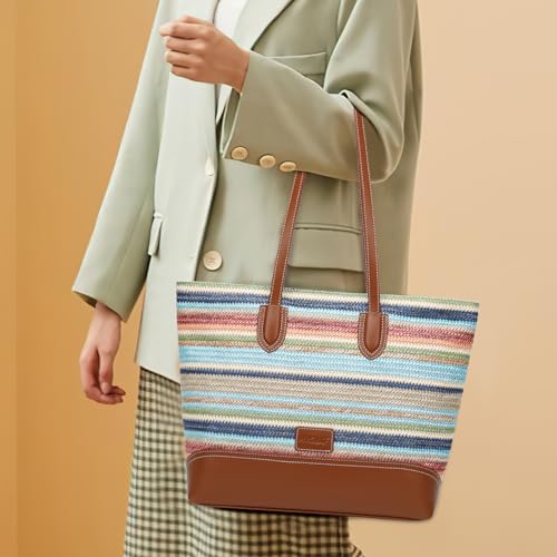 Image of HKCLUF Tote Bag for Women,Woven Shoulder Bag for Woman Vegan Leather Hobo Purse Satchel Handbags With Zipper Pockets