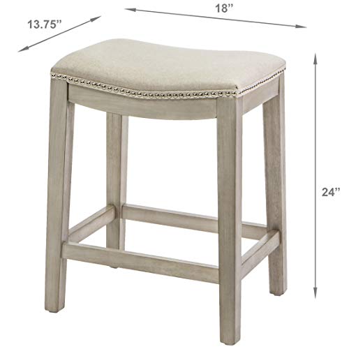 Barton Set Of 2 Bar Stools Beige 24" Saddle Backless Premium Padded Indoor/Outdoor Nailhead Cushion Kitchen Counter Chairs Pub Seat Foot Rest #TOP5