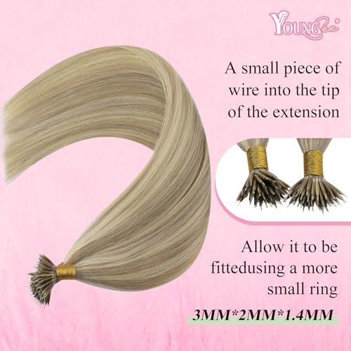 Image of YoungSee Nano Tip Hair Extensions Real Human Hair Ash Blonde Highlights Golden Blonde Nano Bead Human Hair Extensions Highlight Hair Extension Nanolink 18in for Wedding 50g 50 Strands