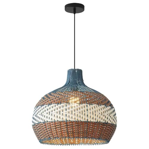 USMJQVZ Blue Coastal Woven Pendant Light Fixture 1-Light Adjustable 15.8/19.7 "Pendant Lighting Handwoven Rattan Basket Shade Boho Pendant Leigh for Kitchen Island Sink Farmhouse Dining Room
