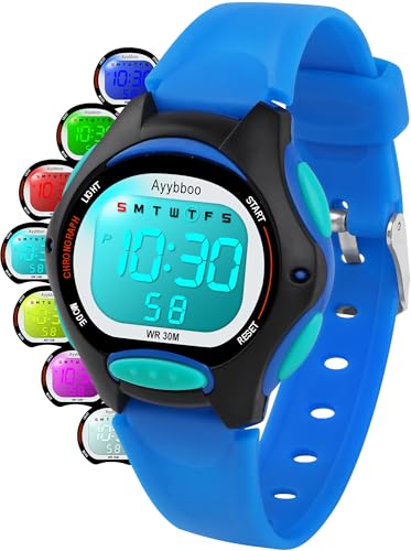 Ayybboo Reloj Niño Digital Infantil con 7 Luces LED,Impermeable 3 ATM, Alarma,Fecha,Cronómetro,Reloj Deportivo de Pulsera para Niñas y Niños,Regalo Ideal