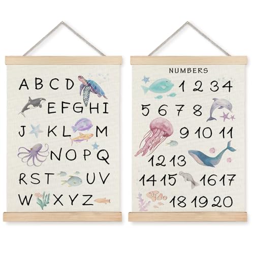 Image of Supwhd Ocean Nursery Decor, Alphabet Numbers Ocean Animals Poster Hanger Frame, Sea Animals ABC 123 Educational Wall Decor for Nursery Kids Room Playroom Classroom Homeschool, 12x16 Set of 2