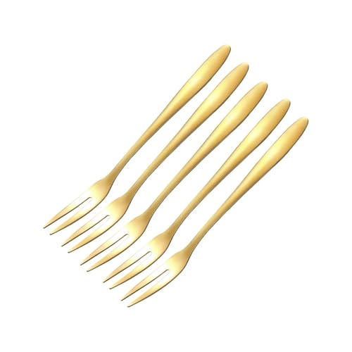 OZXLH 304 Stainless Steel Fruit Fork Snail Fork Dessert Cake Forks Salad Fork For Party Kitchen Tableware Set Gold Two-tine Forks SET(Golden 5PC)