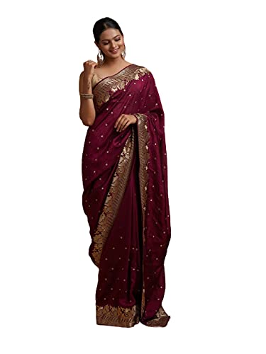 Sari traditionnel en soie bordeaux 8754 : résoud le problème de taille avec le semi-cousu