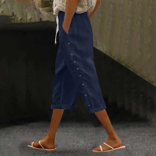 Capris Pants for Women Cotton Linen Solid Color and Stripe Cropped Trouser Drawstring Elastic Waist Capris Pant3