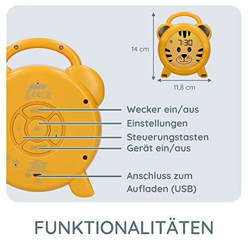 Alecto BC100TIGER - Pädagogischer Wecker Kinder - Schlaftrainer & Nachtlicht Kinder - Lernen von Schlafen und Aufwachen mit LED Kinderwecker - Gelb