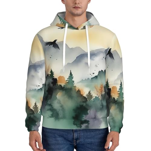 Men's Fleece Pullover Hoodie Long Sleeve Hooded Mountain birds watercolor Sweatshirt Casual Shirts With Pockets Medium Black2