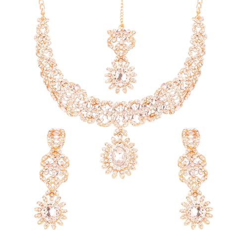 Touchstone Indian jewelry sets for women bollywood wedding kundan necklaces and punjabi look designer party jewellery set light bridal tikka simple design in gold or silver or white tone for women.