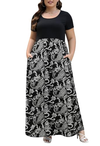 Nemidor Plus Size Maxi Dresses for Curvy Women Casual Summer Short Sleeve Chevron Print Long Dress with Pocket 14-26