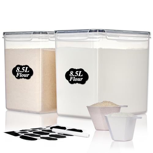 Vtopmart 8.5L 2 Pack Extra Large Flour Sugar Storage Containers for 20lbs flour, Airtight Kitchen Pantry Organization Canisters with Lids for Bulk food, Rice, Baking Supplies, BPA Free, Black