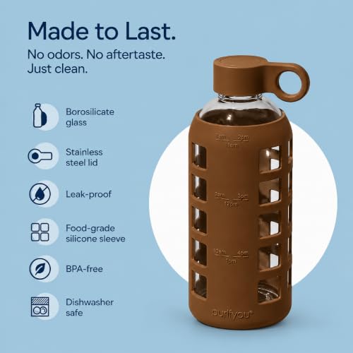 Image of purifyou 40oz / 32oz / 22oz / 12oz Borosilicate Glass Water Bottle with Time & Volume Markers, Silicone Sleeve, Stainless Steel Lid | Reusable Glass Bottle for Water & Juice (22oz Earth Brown)
