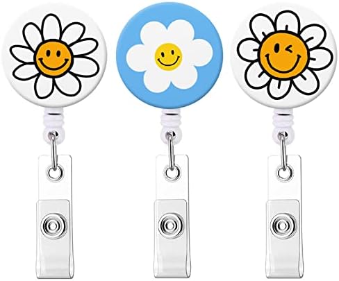 Aunyn Badge Holder Retractable Nurse Badge Holder Badge Reel with Alligator ID Clip (Cute Daisy Smiley Face)