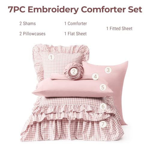 Image of Full Size Comforter Set Pink Gingham Ruffle 7 Pieces Farmhouse Bed in a Bag | Shabby Chic Fluffy Bedding Sets with Sheets, Pillowcases & Shams