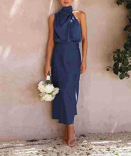 Image of Sexyshine Women's Elegant Halter Tie Neck Sleeveless Satin Long Dress Backless Split Cocktail Party Formal Wedding Maxi Dress