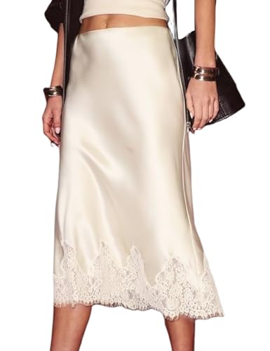 Yimoon Lace Trim Satin Midi Skirt for Women Elegant Elastic Waistband Cocktail Party Flowy A Line Silk Skirt (Beige-L)