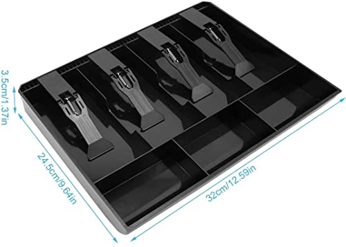 Image of Cash Drawer Insert Tray with 5 Bill Compartments and 4 Coin Sections, Plastic Currency Organizer with Spring Clips, Black (4 Slot)