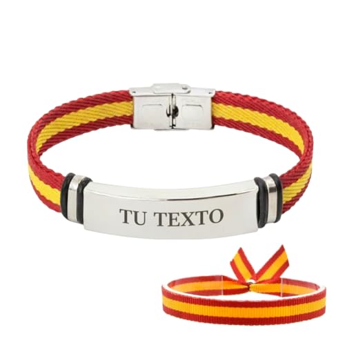 RIQUEZA Y ARTE Pulsera hombre personalizada con la bandera de españa de acero inoxidable   Regalo personalizado para hombre. Pulsera ajustable con un acabado profesional (17 22cm) (PLATEADA)