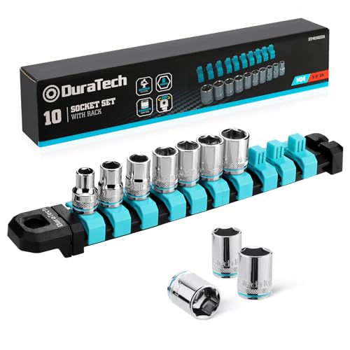 DURATECH 3/8" Drive Socket Set, Metric Socket Set 10PCS, Mechanic Metric Socket Sets with Storage Rack, 6-Point Shallow Socket Set, 8mm, 10mm, 11mm, 12mm, 13mm, 14mm, 15mm, 16mm, 17mm, 19mm 