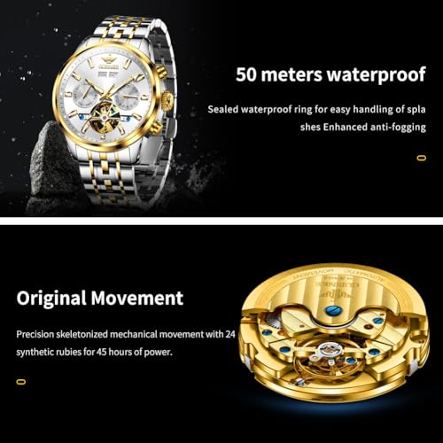 Image of OLEVS Men Self Winding Watch Skeleton Mechanical Classic Luxury Relojes para Hombres Automaticos Silver Calendar Stainless Steel Waterproof Wrist Watches for Man