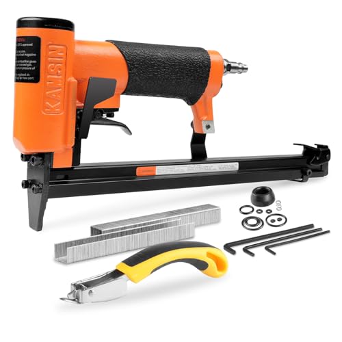 KAMSIN KNL8016S 21 Gauge Pneumatic Serial Upholstery Stapler with Extended Long Magazine, 1/2" Crown Staples, 1/4" to 5/8" Leg Length, Air Power Upholstery Staple Gun for Furniture and Woodworking by KAMSIN - Used condition - US$136.22