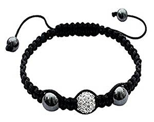 Bracelet Shamballa 3 perles - 1 perle cristal strass + 2 perles hématites - Blanc
