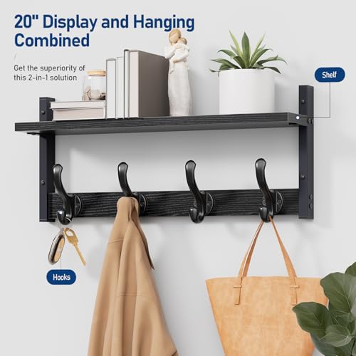 Image of Tatub 20 inch Rustic Coat Rack Wall Mount with Shelf, Wall Hooks with Shelf, Heavy Duty Entryway Organizer Hangers for Hanging, Hat, Bag, Jacket for Bathroom, Living Room, Bedroom, Black