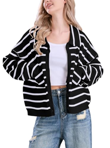Image of chouyatou Women's Button Down Striped Cardigan Sweater Polo Collar Open Front Knit Jacket 2024 Fall Outfits