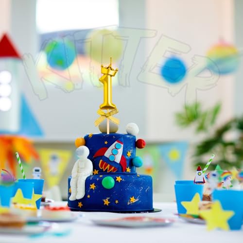 Image of KITTER 1 Pc 1 Number Candle for Birthday Cake, Metallic Gold No. 1st Birthday Cake Decoration Number One Candle with Crown on Top Cake Topper Number Candles for Anniversary (Pack of 1)