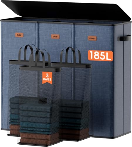 Image of 185L Laundry Hamper 3 Section, Laundry Hamper with Lid, Dirty Clothes Hamper with 3 Removable Washing Bags, Extra Large Laundry Basket Organizer for Bedroom, Laundry Room, Dorm - Navy Blue