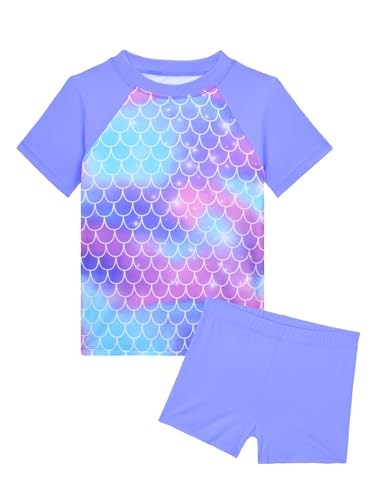 Image of Girl Swimsuits 2 Pieces Multicolor Short Sleeve Quick Dry Durable Rash Guard Set with Shorts