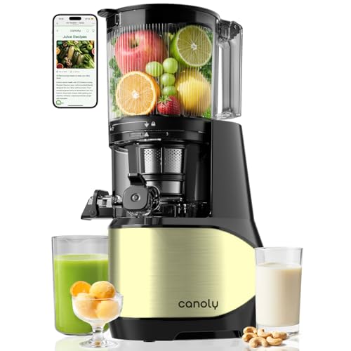 Canoly C09 Cold Press Juicer, 6" Extra Wide Feed Chute, 3-IN-1 Strainers (Juice & Sorbet & Nut Milk), Powerful AC Brushless Motor, Self Precut System, Juicer Machines with BPA-Free (Yellow)