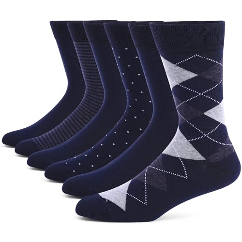 Mens Dress Socks 6 Pair Cotton Blend Crew Socks Mid Calf Socks for Men Shoe Size 8-12