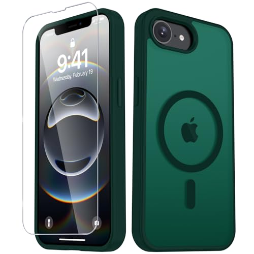 Image of YENAPOON for iPhone 17e Case, iPhone 16e Case, Matte Magnetic Phone Cover [with 1 Screen Protector] [Support for MagSafe] [Shockproof Military Grade Protection] Translucent Frosted Back, Dark Green