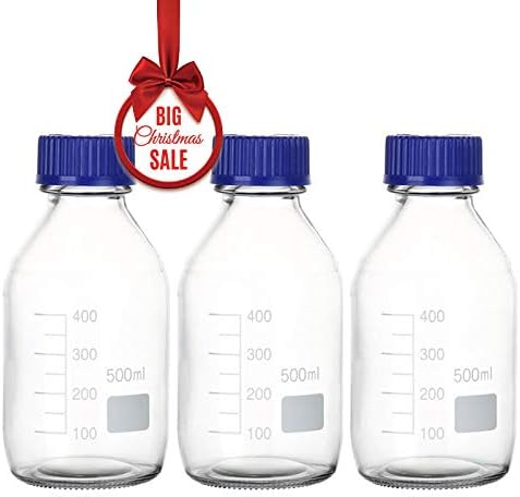 Cadamada 500ML Thick Glass Round Media Storage Bottles with Blue GL45 Screw Cap Pk/3 Thick Graduated Borosilicate Pyrex Glass Container