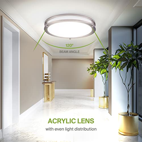 Asd Led Flush Mount Close To Ceiling Light Fixture | Frosted Round Double Ring Lighting | 14 Inch 21W (170W) 120V-277V 1750Lm 3000K/4000K/5000K Adjustable | Dimmable, Energy Star, Etl | Nickel #TOP3