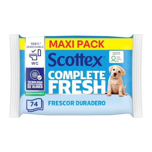 Scottex Papel Higiénico Húmedo Fresh con Agua Micelar y Vitamina E, Biodegradable y Sin Plástico, 74 Toallitas Húmedas Desechables por el WC