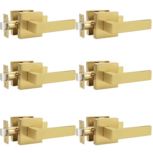 Probrico 6 Pack| Gold Door Handles Passage Door Levers, Heavy Duty Closet and Hall Door Locks Interior Keyless Locksets, Reversible Flat Levers with Square Rosette