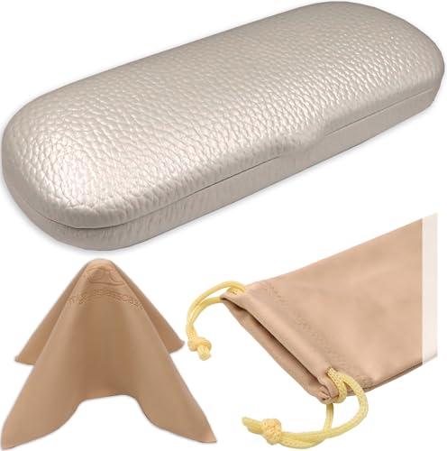 Image of Hard Small Glasses Case in Peal Distressed - thin eyeglass case readers hard shell | Slim glasses holder w /Microfiber Pouch & Cloth (S5 Pearl)