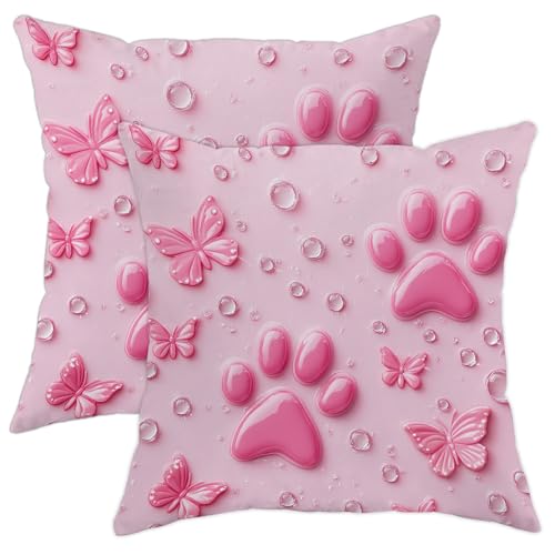 Cute Peach Paw Print Pillow Covers Set of 2, Adorable Peach Butterflies Decorative Cushion Cases for Kids Room, Spring Home Decor for Sofa Couch 18x18 Inch