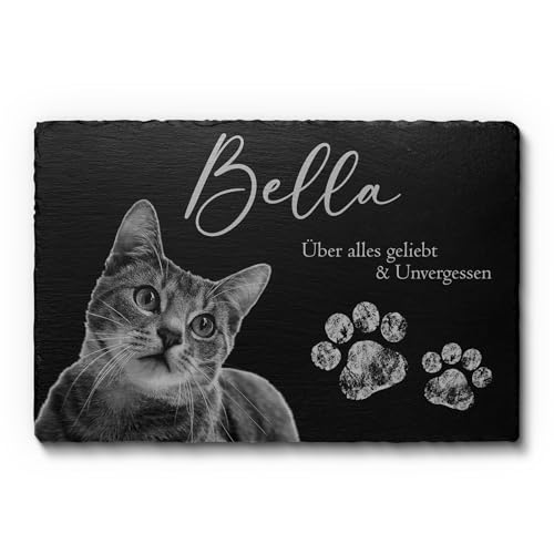 CHRISCK design Tier Grabstein Katze - Katzengrabstein aus Schiefer mit Gravur - Wetterfester Gravurschutz - Große Motivauswahl! - Grabplatte mit Foto - 22x14 cm o. 30x20 cm - Gedenkstein Hund