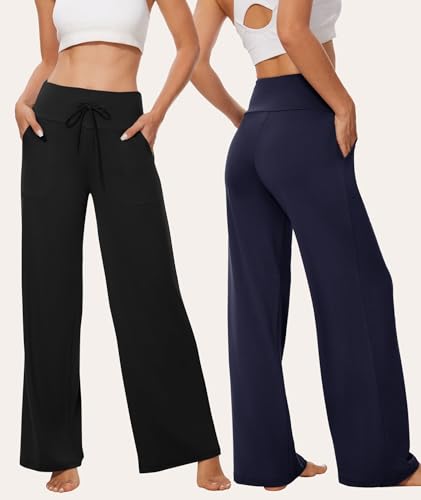 Image of TNNZEET 3 Pack Women's Wide Leg Pants with Pockets - Casual Loose Yoga Trouser Pants Sweatpants Palazzo Lounge Pajama Pants
