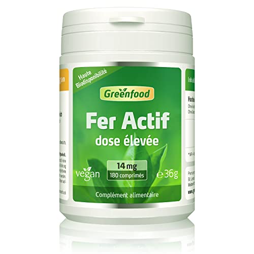 Greenfood Fer actif 14 mg, dose élevée, 180 comprimés, vegan. SANS additifs artificiels.