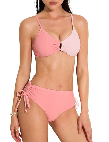 GuaGal Women's Two Piece Bikini Sets Textured Sexy Bathing Suits Cute Color Block Swimsuit Pink Color Block XL