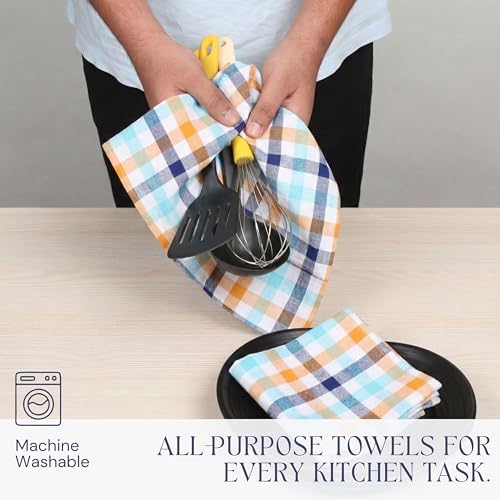 Image of Check Dish Towels 4 Pack, 18 inchx26 inch, Absorbent Hand Towels for Kitchen Use, Quick Dry Cloths, Durable Washable Rags, Reusable Dishcloth Set - Indigo Blue, Mustard Yellow, Aqua Blue
