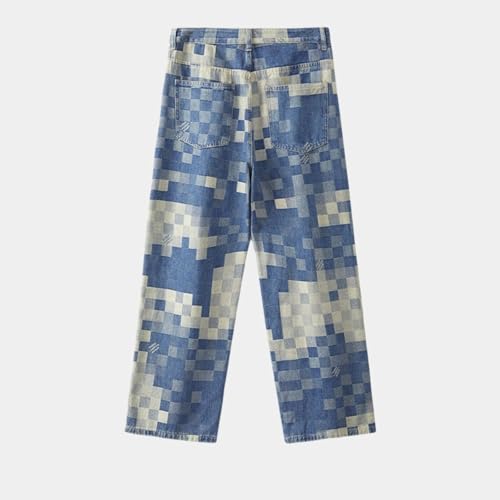 Jeans Pants Trouser Denim Mosaic Checkered Men's Light Luxury Classic Loose Summer2