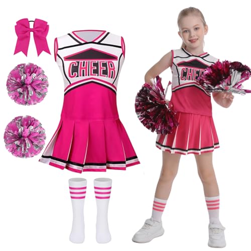 DELIVESS Cheerleader Costum for Girls Cheerleading Outfit Kids School Cheer Uniform 5 Pcs Set for Halloween Party Dress up 8-9 Years (140 Rose Red)